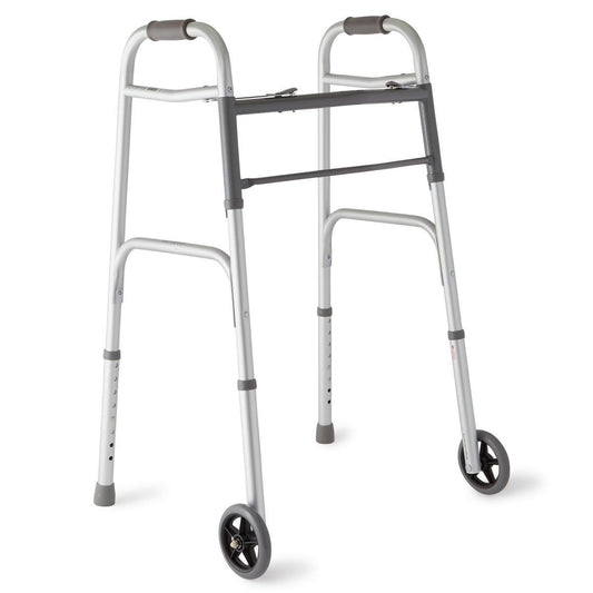 Medline 2 - Button Folding Walker – With 5" Wheels - Border Medical Supplies